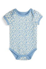 A baby short-sleeve bodysuit with a light blue and cream geometric pattern, shown flat on a white background. 