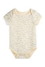 A short-sleeve baby bodysuit in cream with a blue mathematical formula print, shown flat against a white background. 