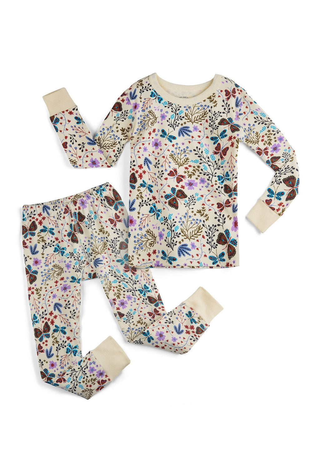 Children's pajama set with butterfly and floral pattern on a white background