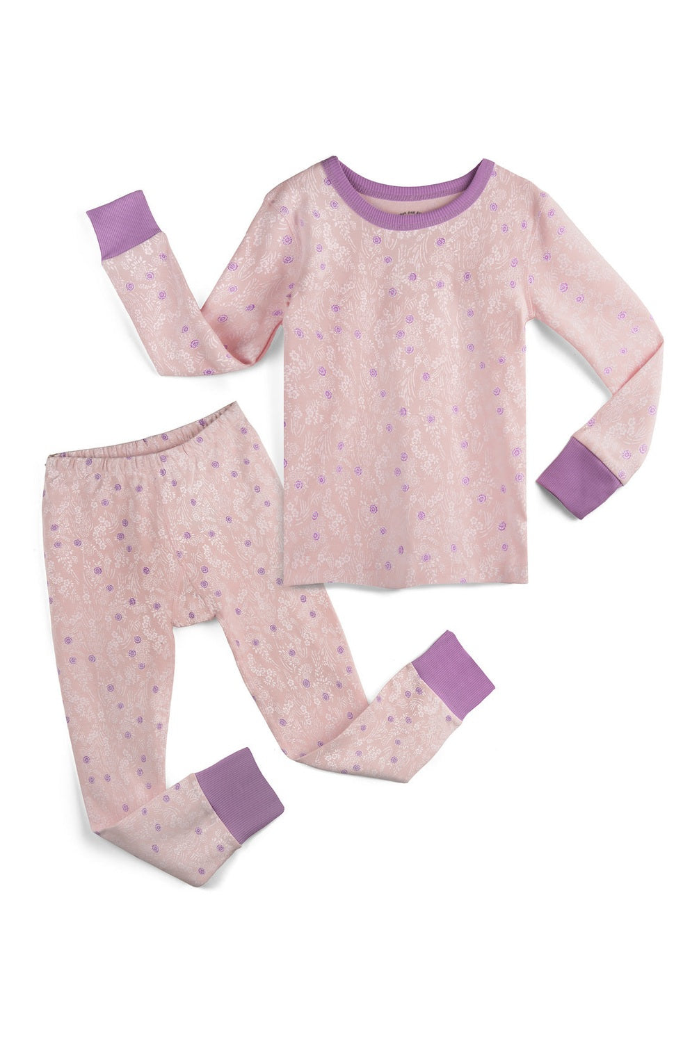 Children's pajama set with pink and purple pattern on a white background
