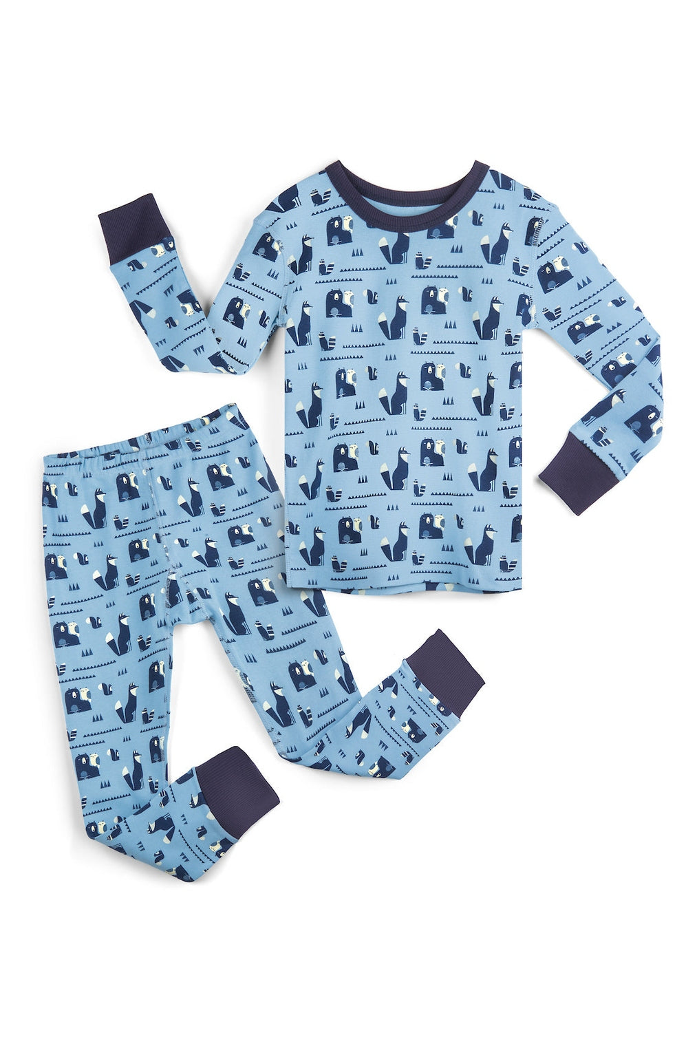 Children's pajama set with bear and fox pattern on a light blue background 