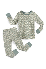 Children's pajama set with a green snake pattern on a white background 
