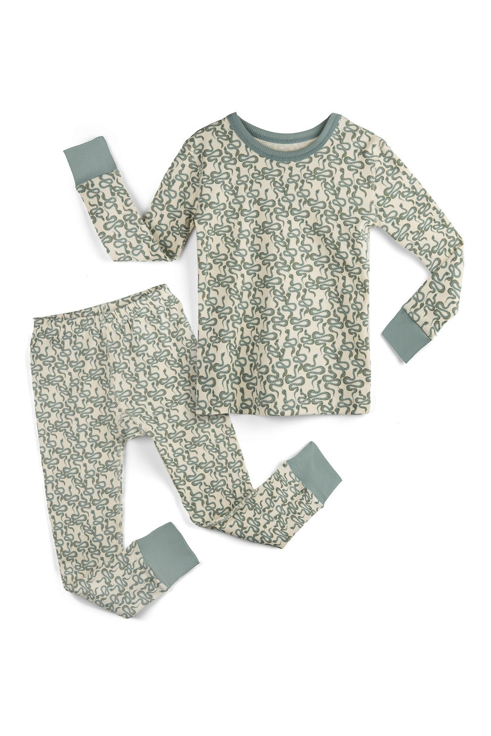 Children's pajama set with a green snake pattern on a white background 
