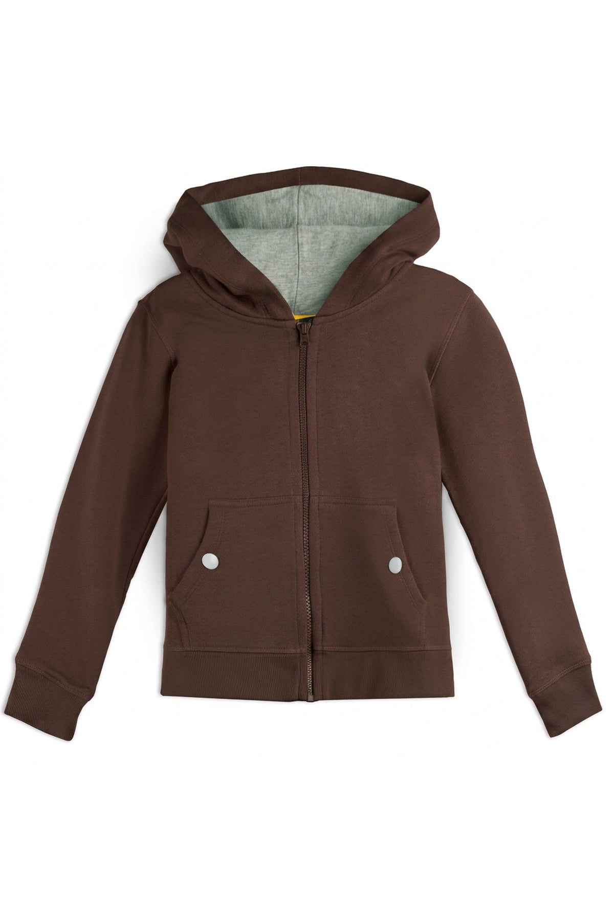 A dark brown zip-up hoodie with a light gray heathered hood lining and two front pockets, displayed flat against a white background. 