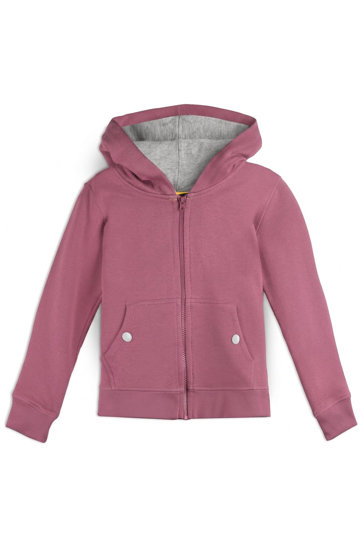 A kids' zip-up hoodie in dusty rose pink, featuring a gray heather-lined hood and two front pockets with white snap buttons, shown flat on a white background. 