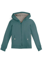 A teal green zip-up hoodie with a gray heather lining inside the hood, featuring two front pockets with silver snap buttons, shown against a plain white background. 