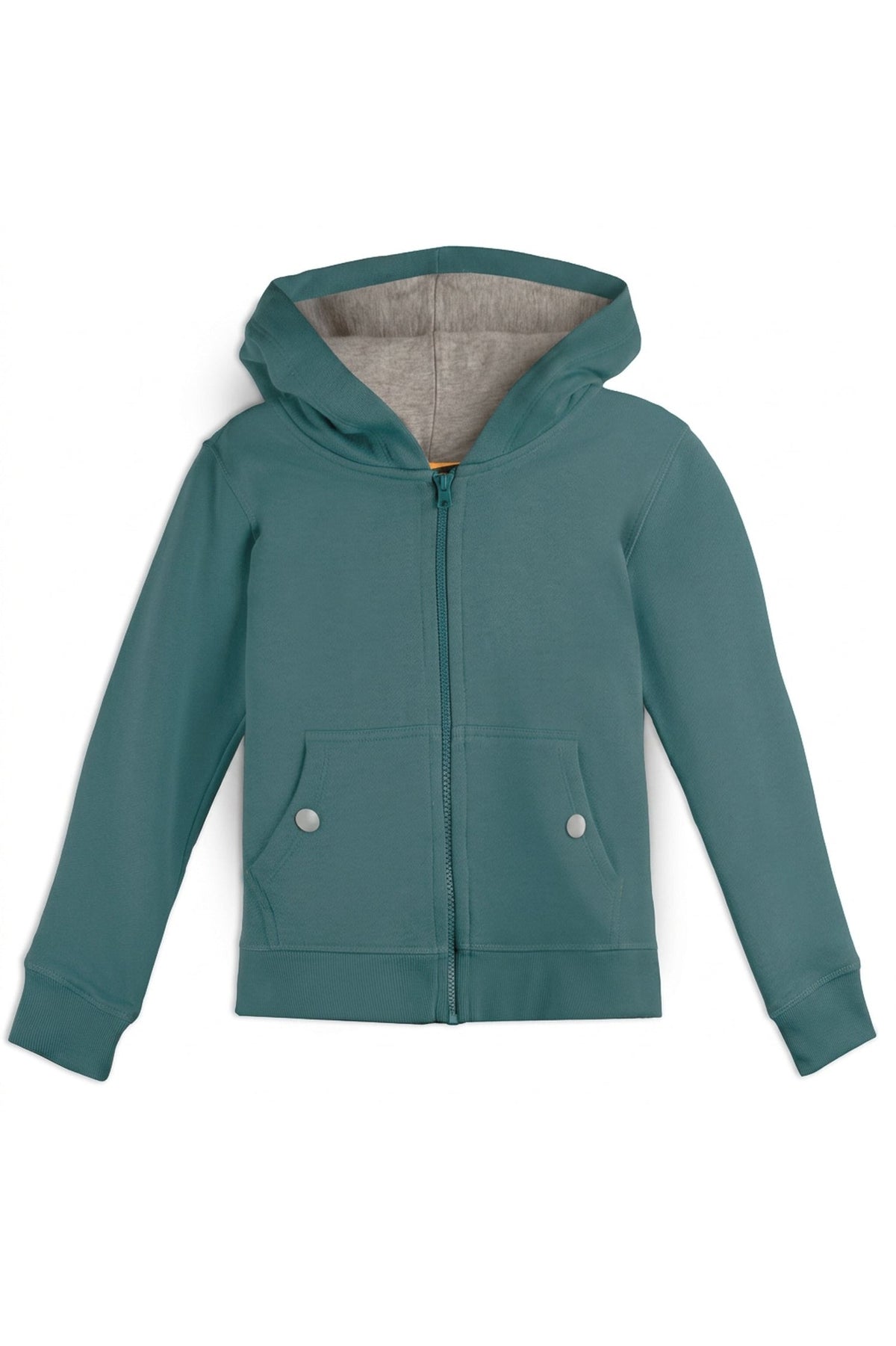 A teal green zip-up hoodie with a gray heather lining inside the hood, featuring two front pockets with silver snap buttons, shown against a plain white background. 