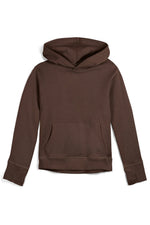 A dark brown pullover hoodie with a front kangaroo pocket, shown from the back on a clean white background. 