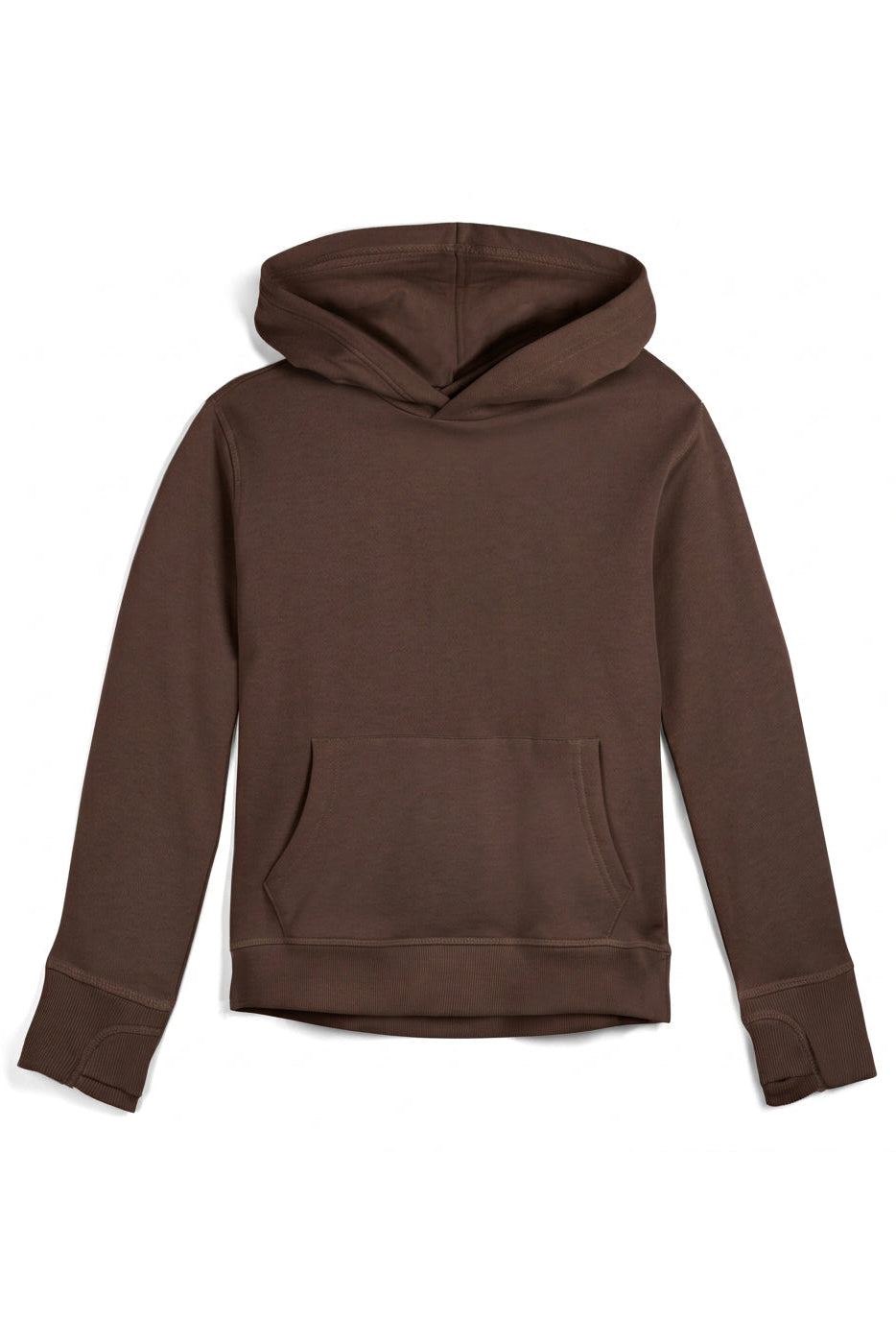 A dark brown pullover hoodie with a front kangaroo pocket, shown from the back on a clean white background. 