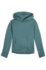 A solid teal green pullover hoodie with a front kangaroo pocket, shown from the back on a clean white background.
