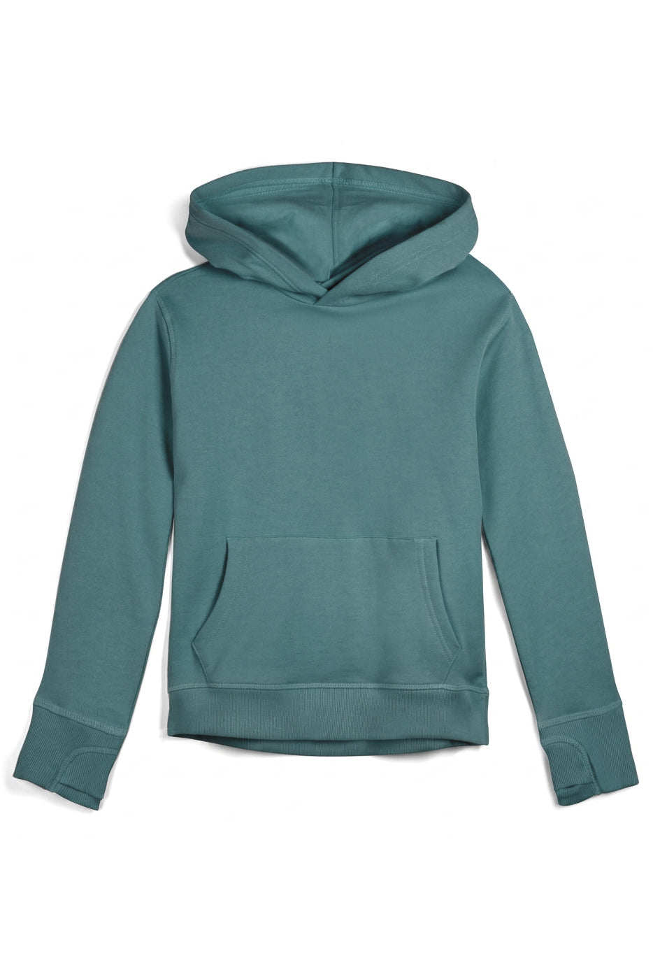A solid teal green pullover hoodie with a front kangaroo pocket, shown from the back on a clean white background.
