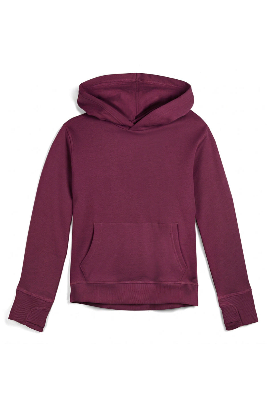 A long-sleeve pullover hoodie in a deep plum or burgundy color, laid flat against a clean white background. 