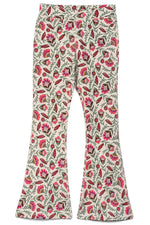 Floral patterned bell-bottom pants on a white background