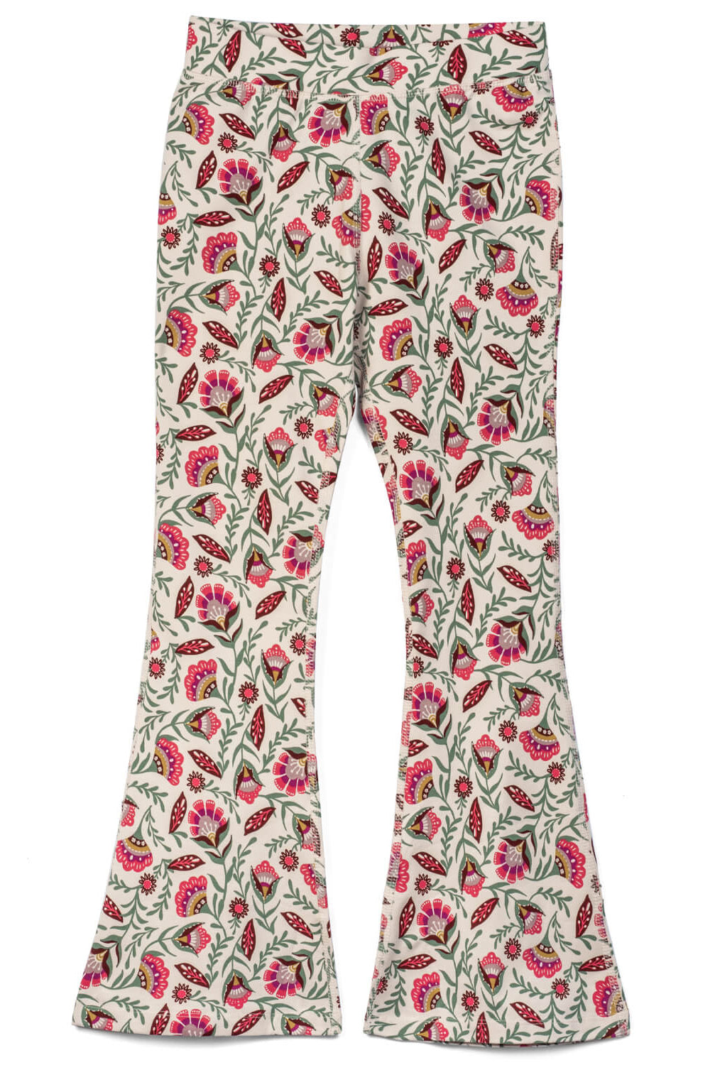 Floral patterned bell-bottom pants on a white background