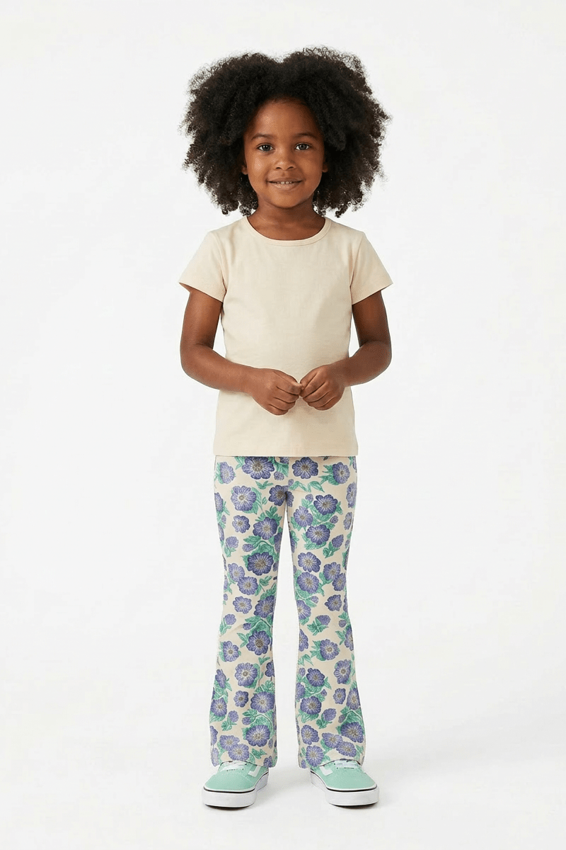 Girls Leggings: Organic Cotton Flared Yoga Pants: Purple Poppies