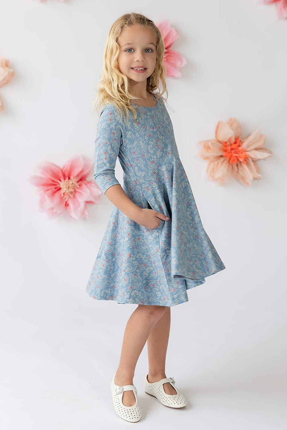 Kids Organic Cotton 3/4 Sleeve Twirl Dress: Cherry Blossom