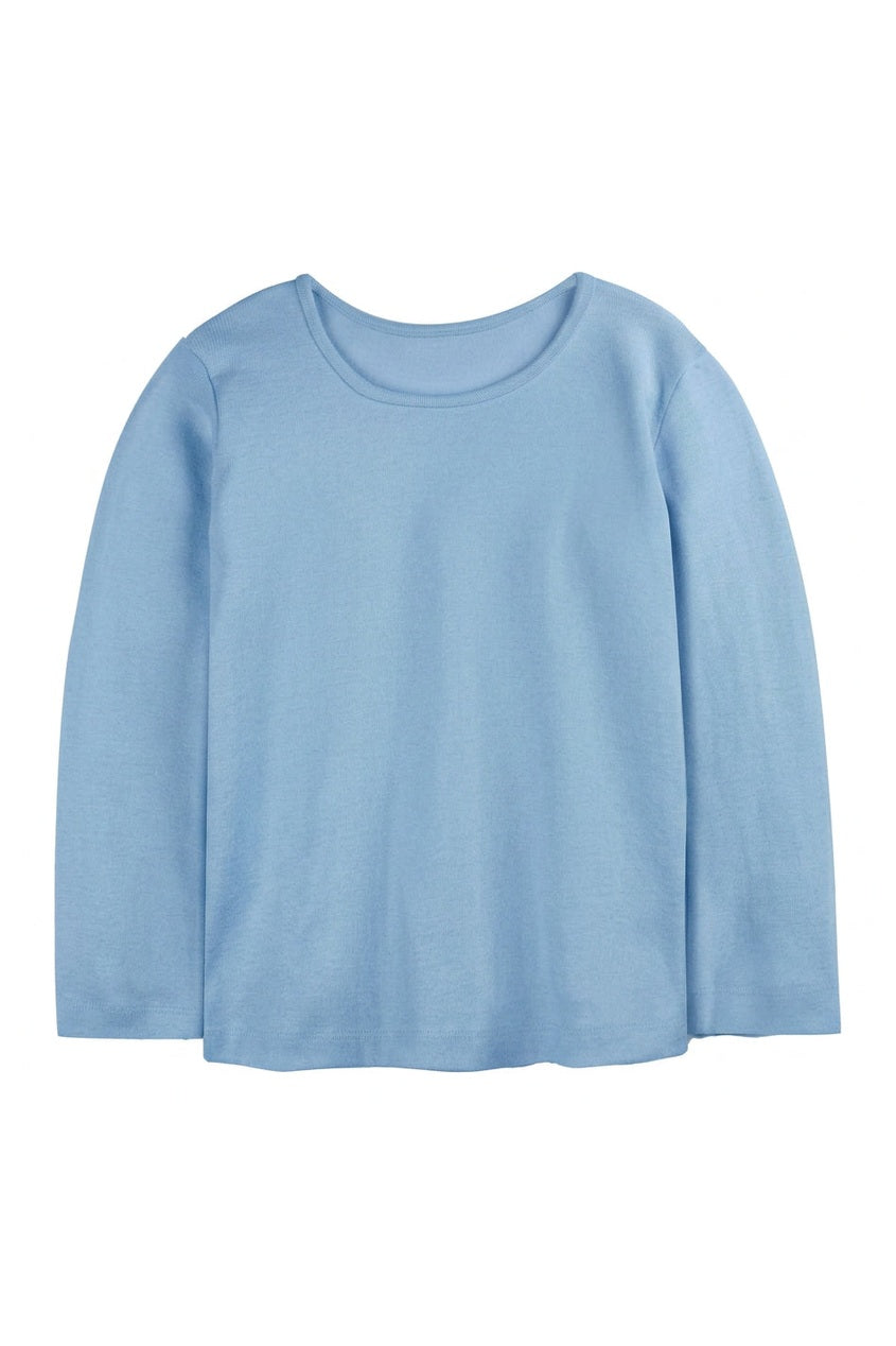 A light blue long-sleeve crewneck top, shown flat against a plain white background. 
