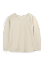 A long-sleeve crewneck top in a solid cream or off-white color, displayed flat against a clean white background. 