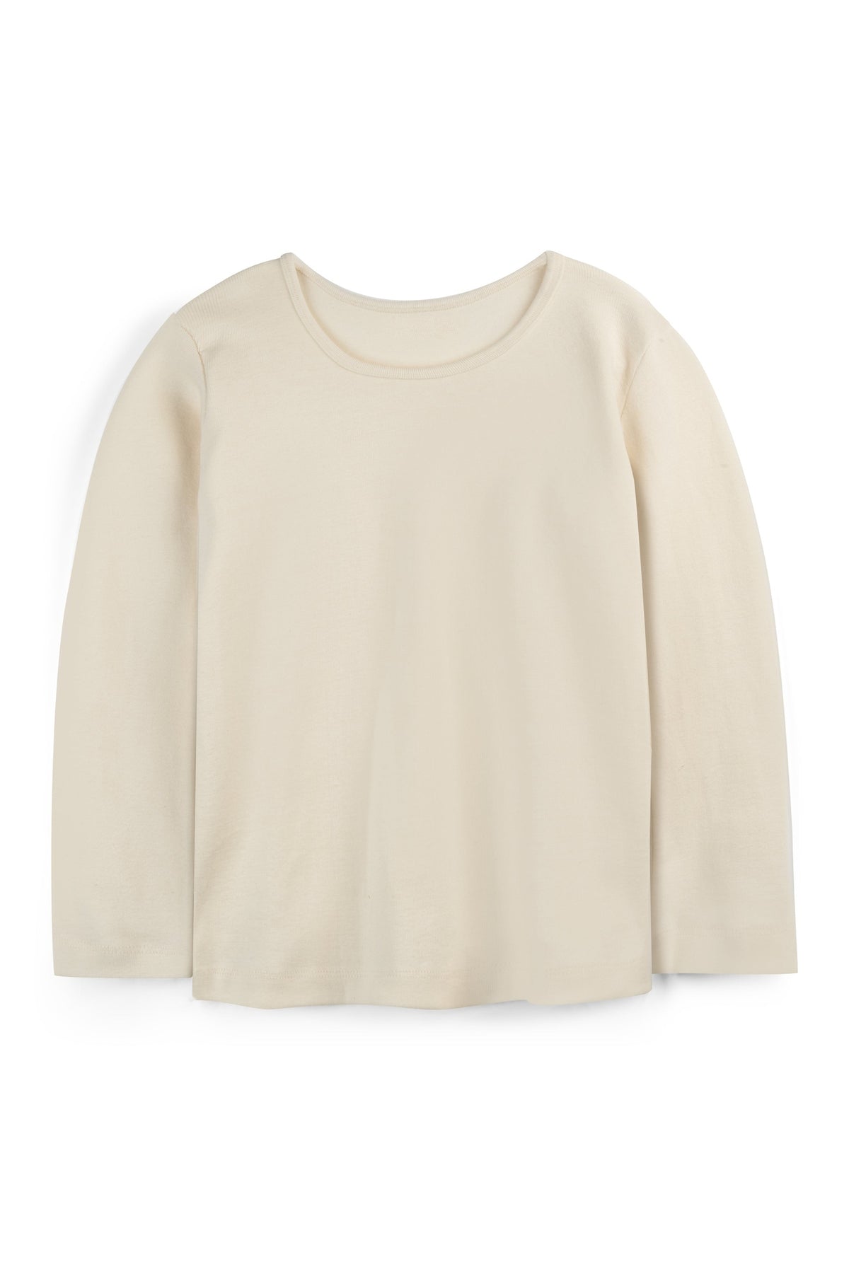 A long-sleeve crewneck top in a solid cream or off-white color, displayed flat against a clean white background. 
