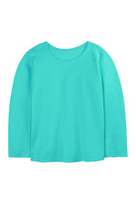 A solid turquoise long-sleeve crewneck top displayed flat against a plain white background. 