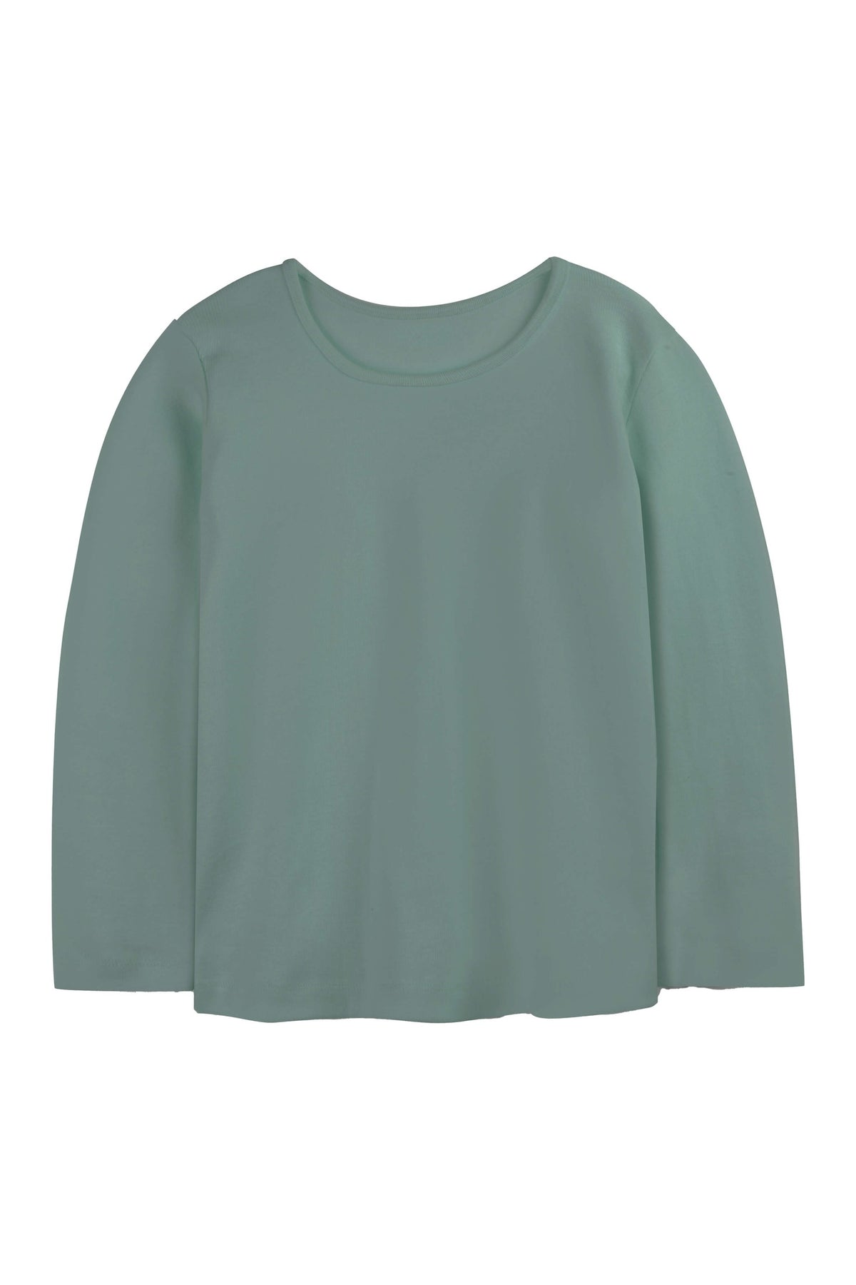 A sage green long-sleeve top with a wide crew neckline, displayed flat against a solid white background. 