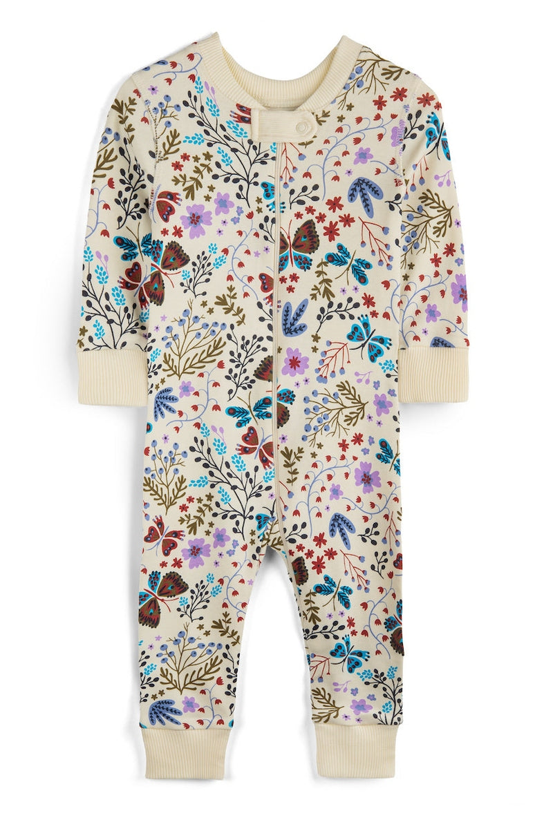 Children's onesie with floral and butterfly pattern on a white background 
