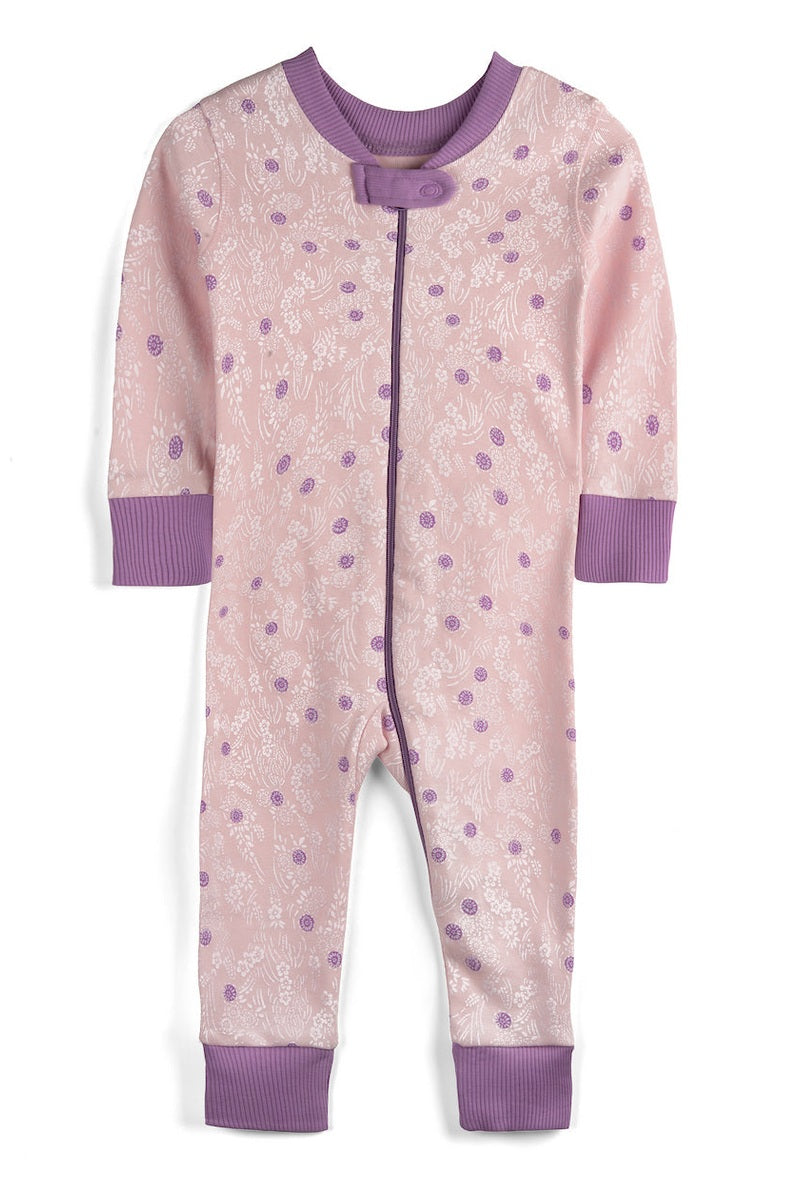 Pink and purple baby onesie with floral pattern on a white background 