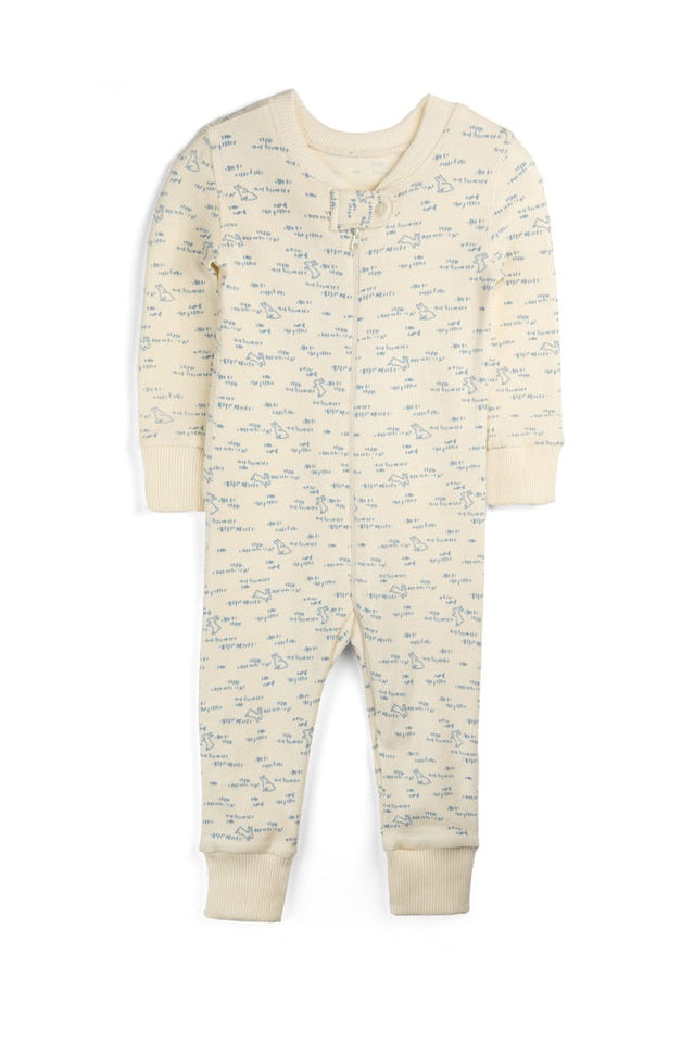 A baby long-sleeve footless one-piece jumpsuit in cream with a light blue repeating script pattern, shown flat on a white background. 