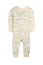 A baby long-sleeve footless one-piece jumpsuit in cream with a light blue repeating script pattern, shown flat on a white background. 
