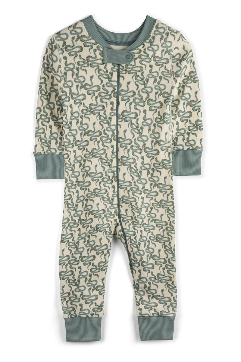 Baby pajama with green snakes on a white background 