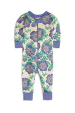 Floral patterned onesie with purple flowers on a white background 