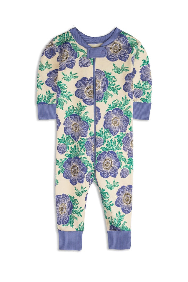 Floral patterned onesie with purple flowers on a white background 