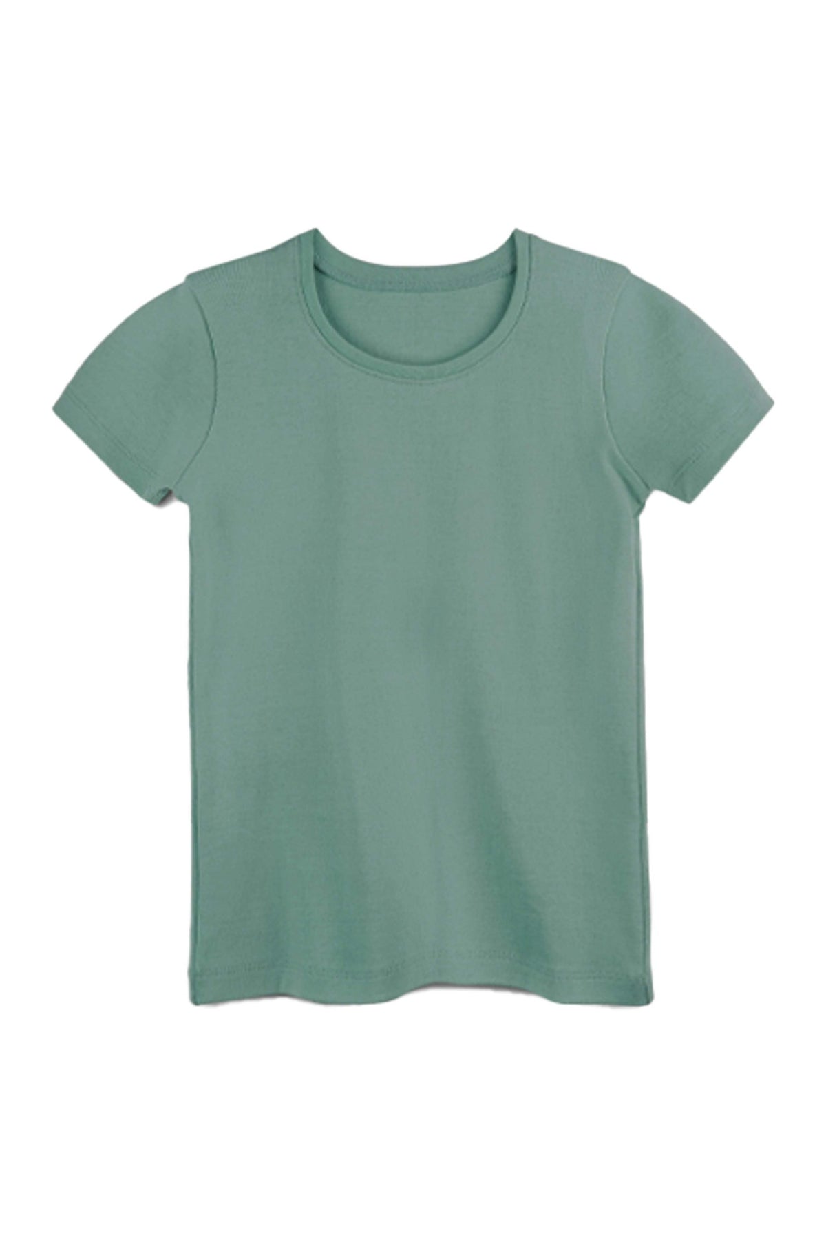 A short-sleeve crewneck t-shirt in a muted sage green color, displayed flat against a solid white background. 