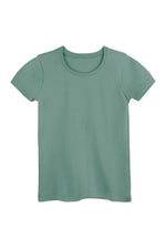 A short-sleeve crewneck t-shirt in a muted sage green color, displayed flat against a solid white background. 