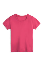 A bright pink short-sleeve crewneck t-shirt displayed flat against a clean white background. 