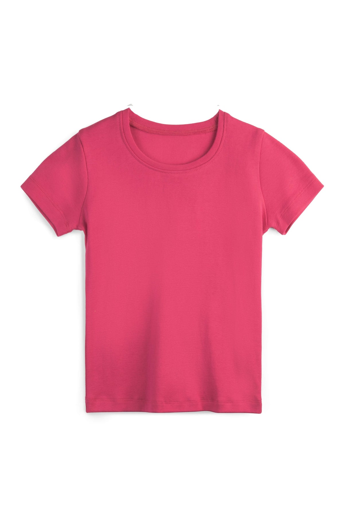 A bright pink short-sleeve crewneck t-shirt displayed flat against a clean white background. 
