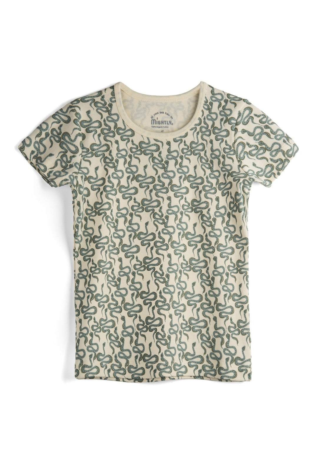 T-shirt with a green snake pattern on a white background 