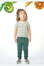 Child wearing a snake print shirt and green pants with snakes in the background 