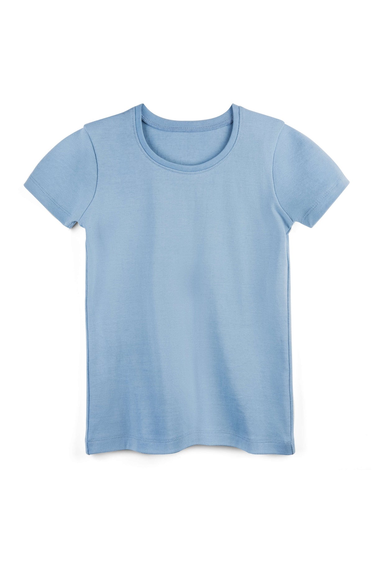 A light blue short-sleeve crewneck t-shirt displayed flat against a plain white background. 