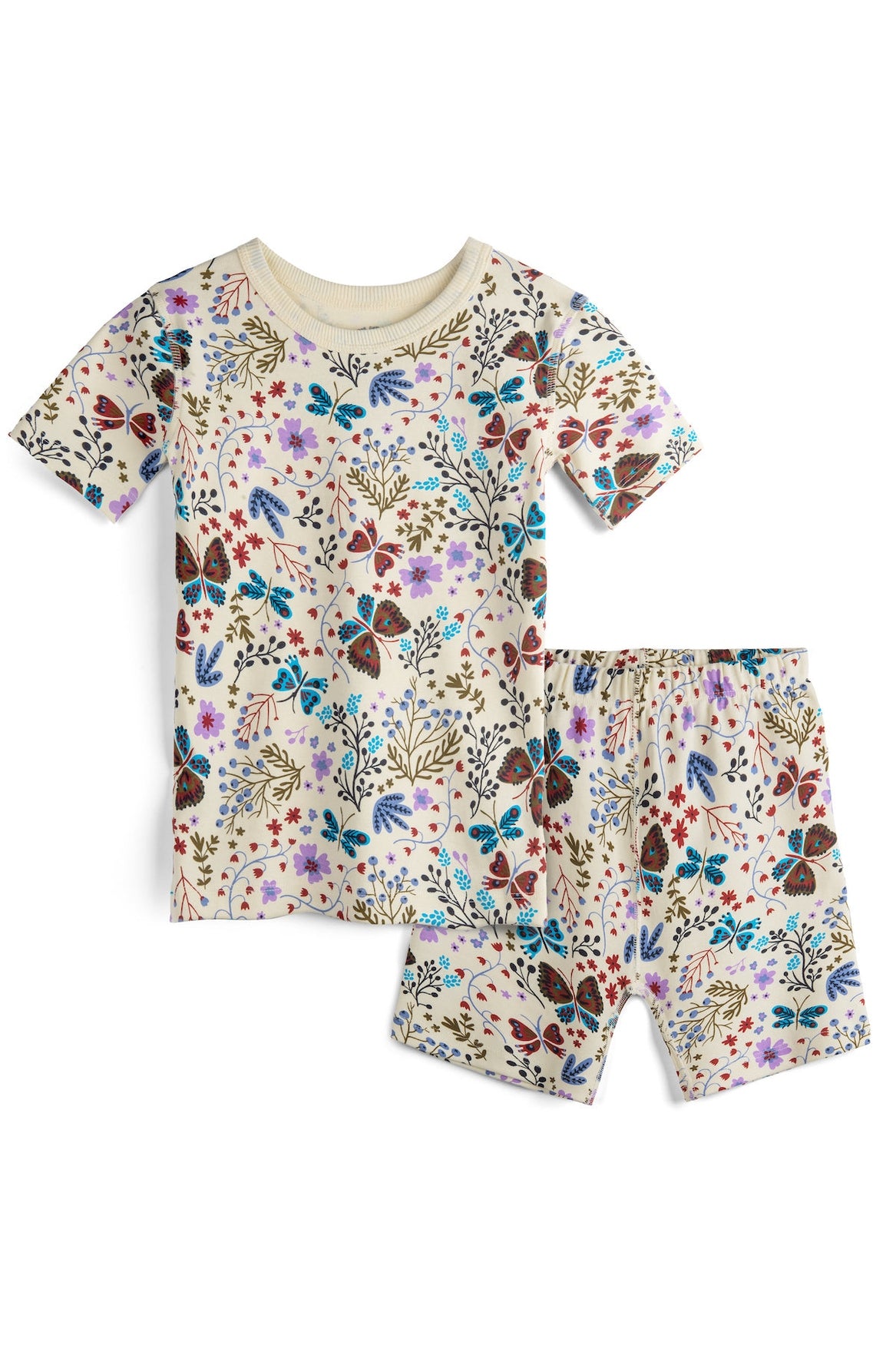 Children's pajama set with floral and butterfly pattern on a white background 