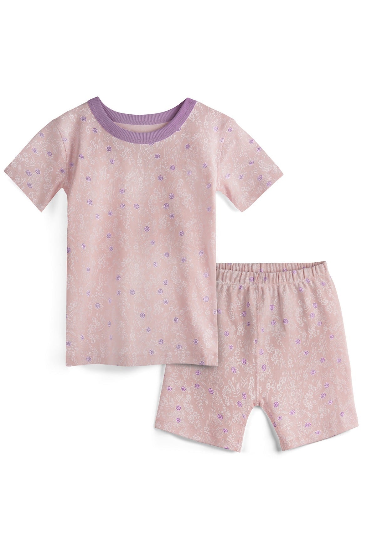 Children's pink floral pajama set with short-sleeve top and shorts on a white background 