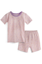 Children's pink floral pajama set with short-sleeve top and shorts on a white background 