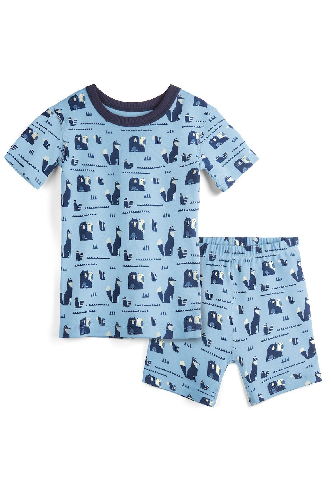 Children's pajama set with bear and fox pattern on a light blue background