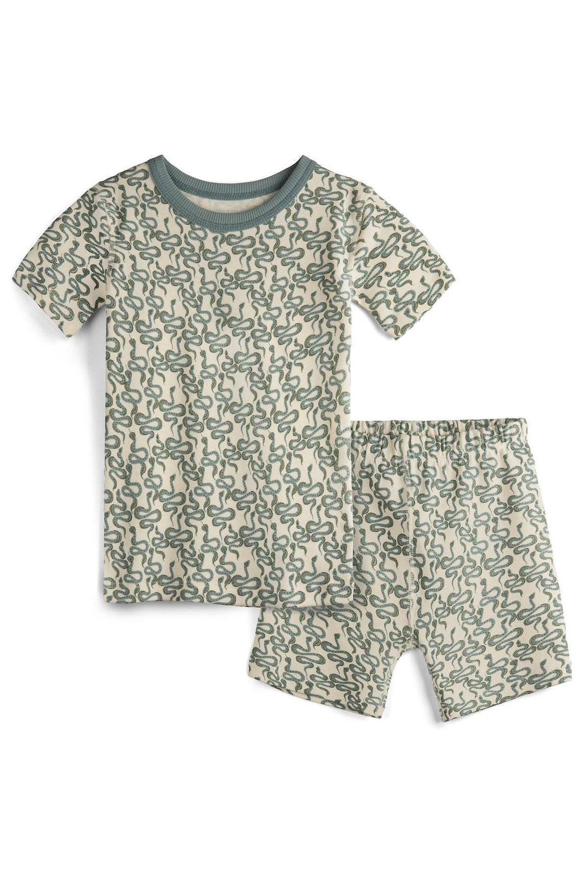 Children's pajama set with short-sleeve top and shorts featuring a green pattern on a beige background.