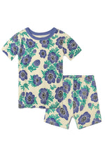 Children's pajama set with blue floral pattern on a white background 
