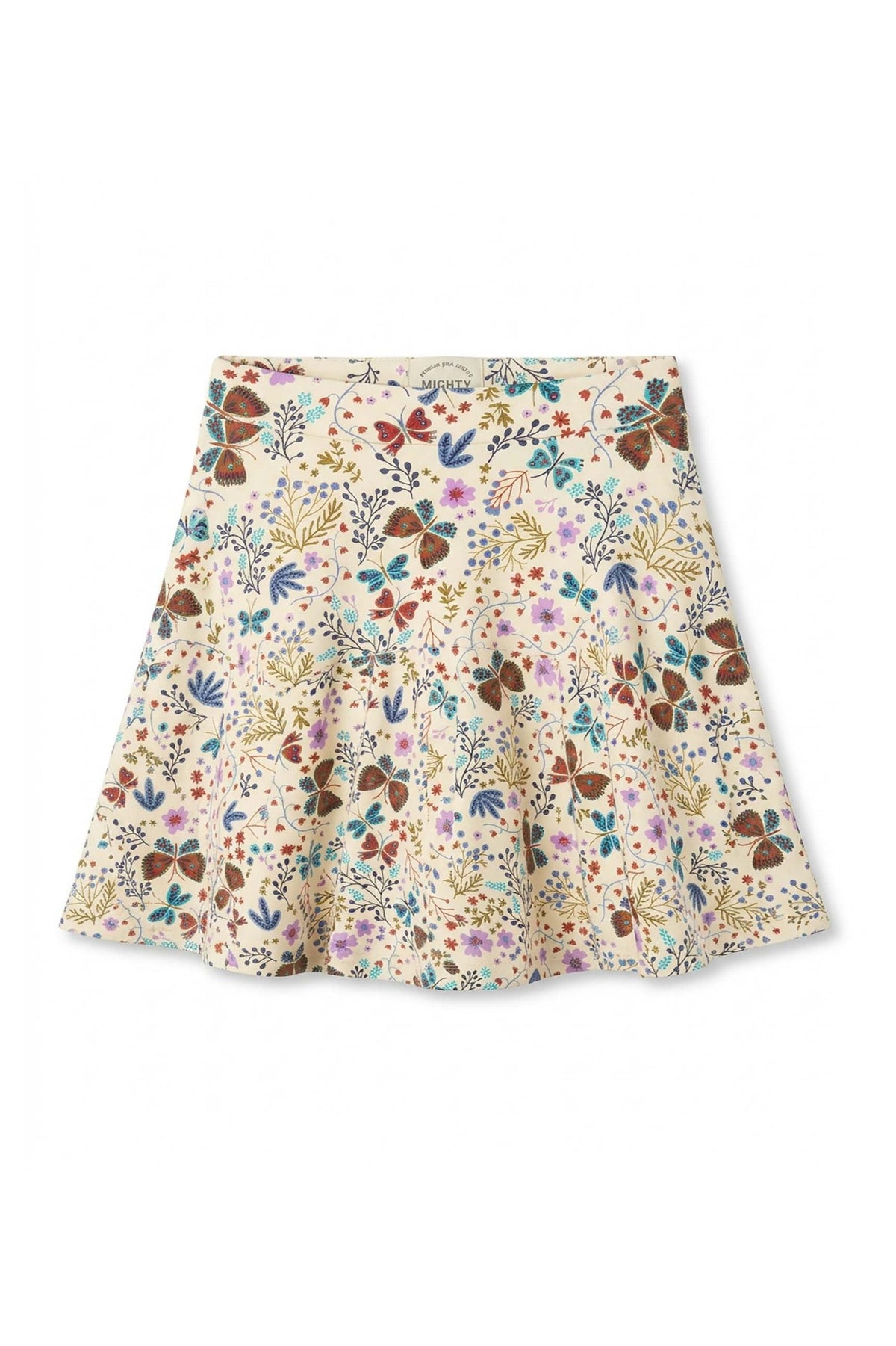 Floral and butterfly patterned skirt on a white background