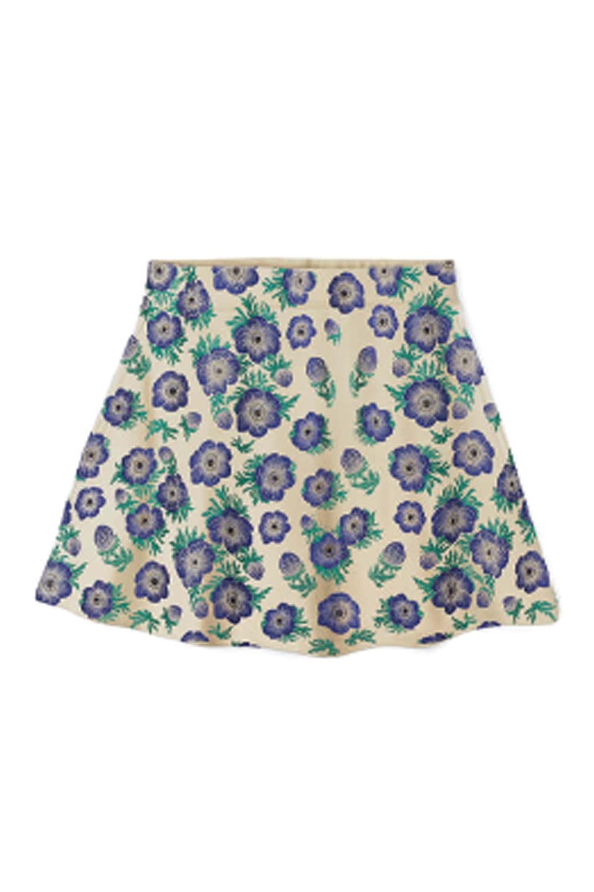 Floral patterned skirt with purple flowers on a white background