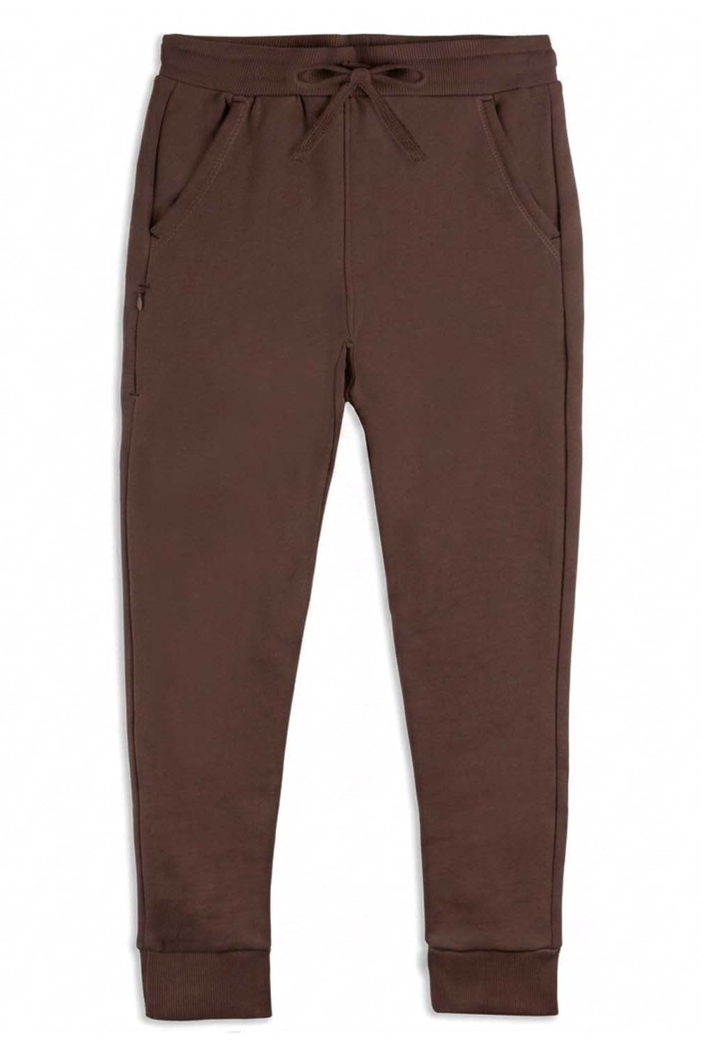 A pair of dark brown jogger sweatpants with an elastic drawstring waist, side pockets, and ribbed ankle cuffs, shown flat on a white background. 