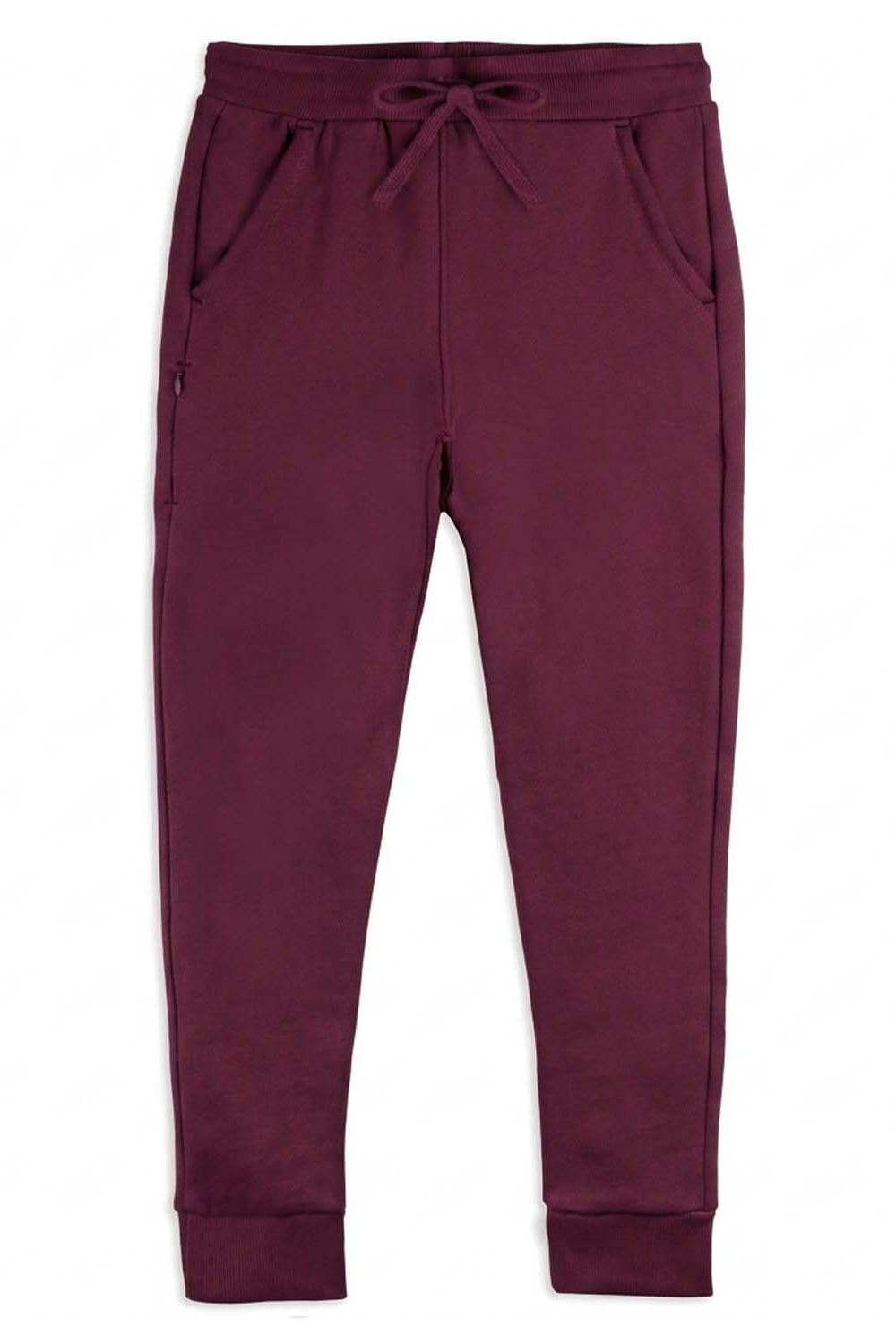 A pair of dark plum-colored sweatpants with an elastic waistband, drawstring, side pockets, and ribbed cuffs, shown flat on a white background. 
