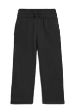 Black wide-leg sweatpants with an elastic waistband and drawstring, shown flat on a white background. 